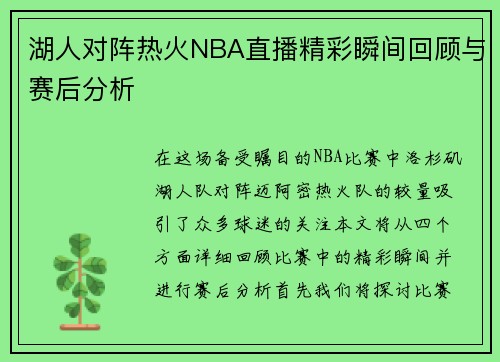 湖人对阵热火NBA直播精彩瞬间回顾与赛后分析