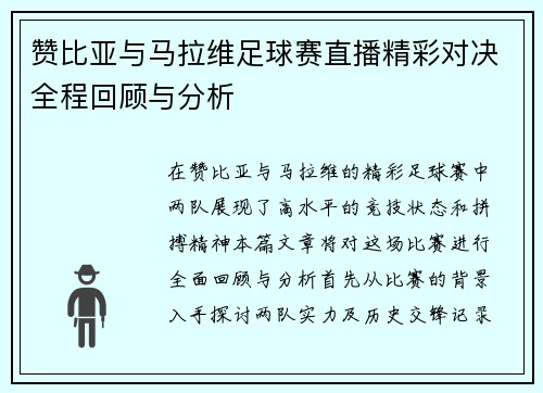 赞比亚与马拉维足球赛直播精彩对决全程回顾与分析